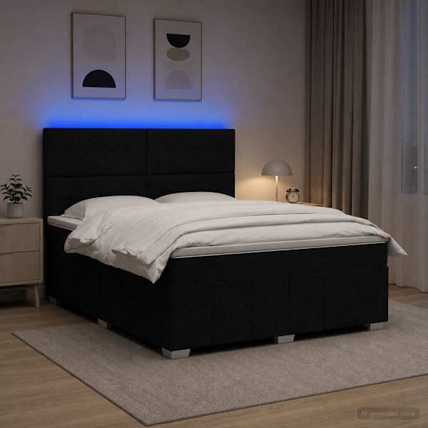 LED-valgustusega voodiraam peatsiga koos madratsiga, must, 180 × 200 cm, kangas — mudel 3455663