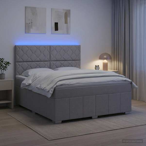 LED-valgustusega voodiraam peatsiga koos madratsiga, helehall, 180 × 200 cm, kangas — mudel 3455668