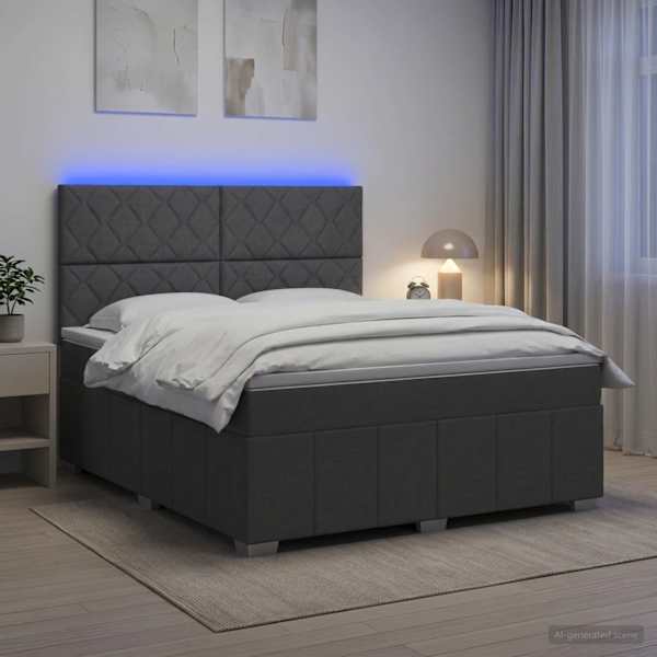 LED-valgustusega voodiraam peatsiga koos madratsiga, tumehall, 180 × 200 cm, kangas — mudel 3455669