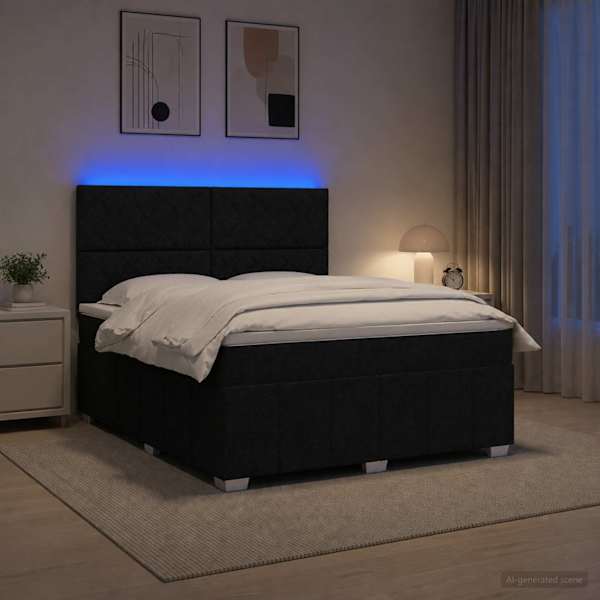 LED-valgustusega voodiraam peatsiga koos madratsiga, must, 180 × 200 cm, kangas — mudel 3455670