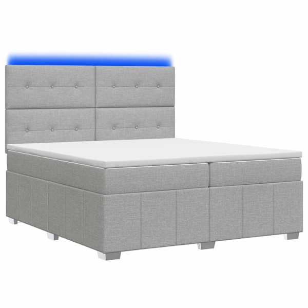 LED-valgustusega voodiraam peatsiga koos 2 madratsiga, helehall, 200 × 200 cm, kangas — mudel 3455682