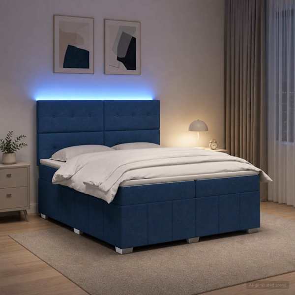 LED-valgustusega voodiraam peatsiga koos 2 madratsiga, sinine, 200 × 200 cm, kangas — mudel 3455688