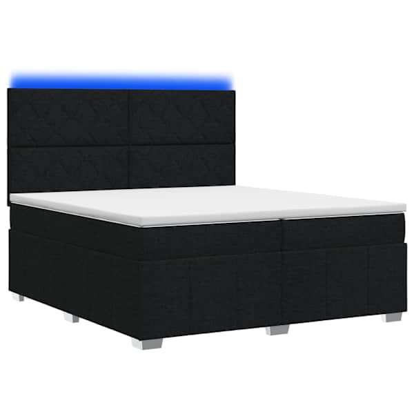 LED-valgustusega voodiraam peatsiga koos 2 madratsiga, must, 200 × 200 cm, kangas — mudel 3455691