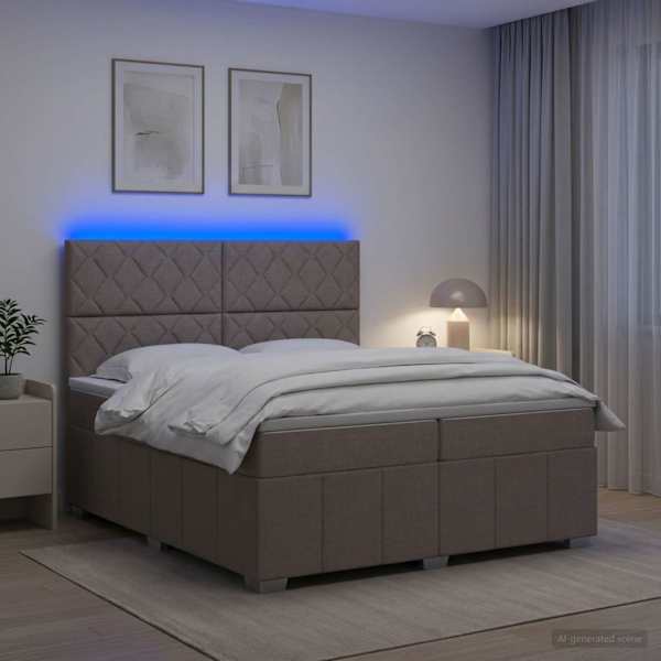 LED-valgustusega voodiraam peatsiga koos 2 madratsiga, pruunikashall, 200 × 200 cm, kangas — mudel 3455693