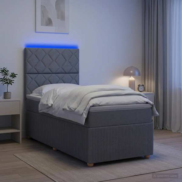 LED-valgustusega voodiraam peatsiga koos madratsiga, helehall, 80 × 200 cm, kangas — mudel 3455734