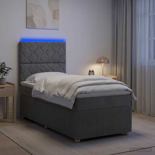 LED-valgustusega voodiraam peatsiga koos madratsiga, tumehall, 80 × 200 cm, kangas — mudel 3455735