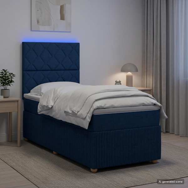 LED-valgustusega voodiraam peatsiga koos madratsiga, sinine, 80 × 200 cm, kangas — mudel 3455740