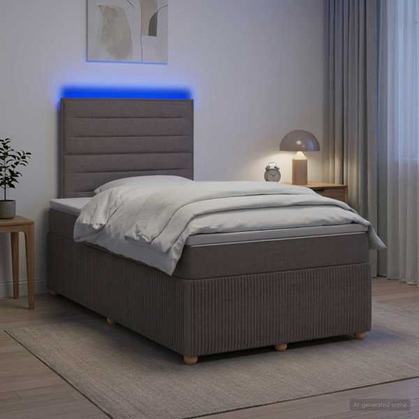 LED-valgustusega voodiraam peatsiga koos madratsiga, pruunikashall, 120 × 190 cm, kangas — mudel 3455808