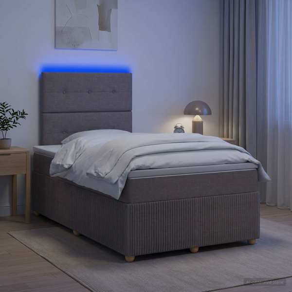 LED-valgustusega voodiraam peatsiga koos madratsiga, pruunikashall, 120 × 190 cm, kangas — mudel 3455815