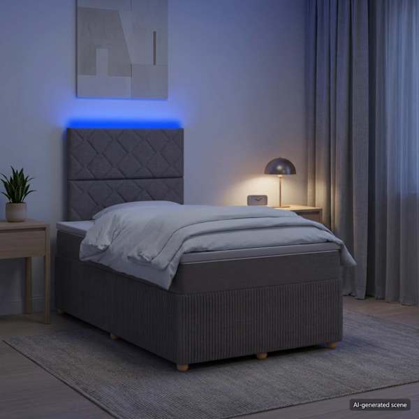 LED-valgustusega voodiraam peatsiga koos madratsiga, pruunikashall, 120 × 190 cm, kangas — mudel 3455822