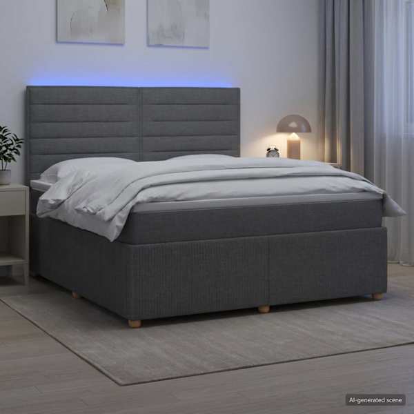 LED-valgustusega voodiraam peatsiga koos madratsiga, tumehall, 180 × 200 cm, kangas — mudel 3455910