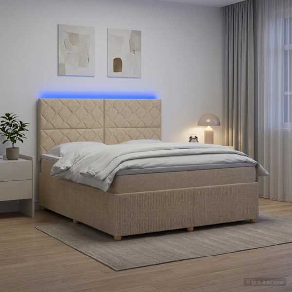 LED-valgustusega voodiraam peatsiga koos madratsiga, kreemjasvalge, 180 × 200 cm, kangas — mudel 3455928