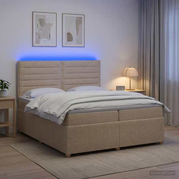 LED-valgustusega voodiraam peatsiga koos 2 madratsiga, kreemjasvalge, 200 × 200 cm, kangas — mudel 3455935
