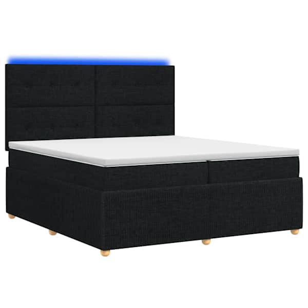 LED-valgustusega voodiraam peatsiga koos 2 madratsiga, must, 200 × 200 cm, kangas — mudel 3455939