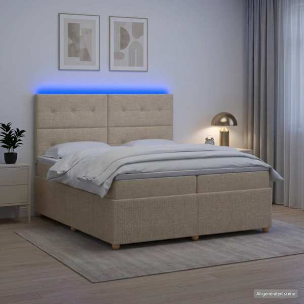 LED-valgustusega voodiraam peatsiga koos 2 madratsiga, kreemjasvalge, 200 × 200 cm, kangas — mudel 3455942