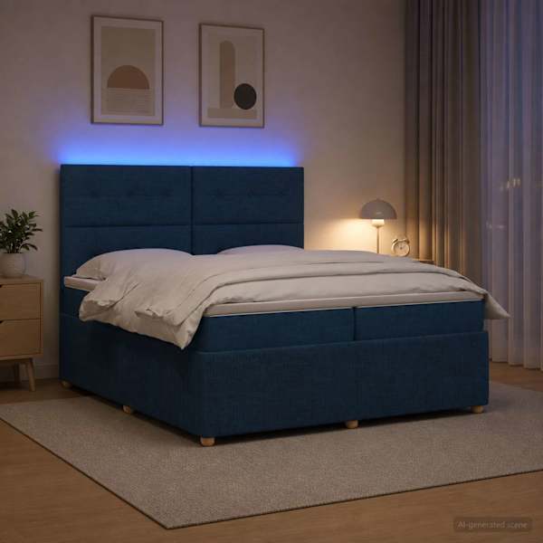 LED-valgustusega voodiraam peatsiga koos 2 madratsiga, sinine, 200 × 200 cm, kangas — mudel 3455943