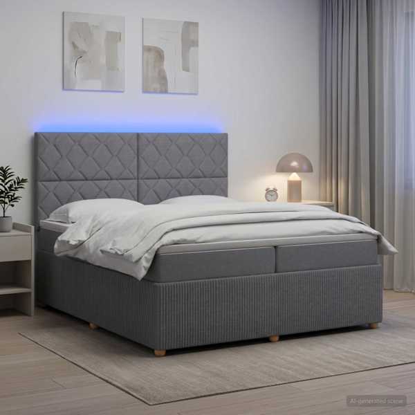 LED-valgustusega voodiraam peatsiga koos 2 madratsiga, helehall, 200 × 200 cm, kangas — mudel 3455944