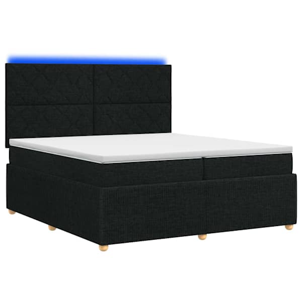 LED-valgustusega voodiraam peatsiga koos 2 madratsiga, must, 200 × 200 cm, kangas — mudel 3455946
