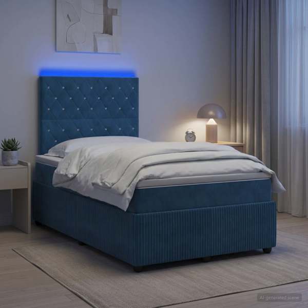 LED-valgustusega voodiraam peatsiga koos madratsiga, sinine, 120 × 190 cm, samet — mudel 3456027