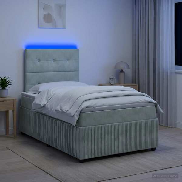 LED-valgustusega voodiraam peatsiga koos madratsiga, helehall, 120 × 190 cm, samet — mudel 3456029