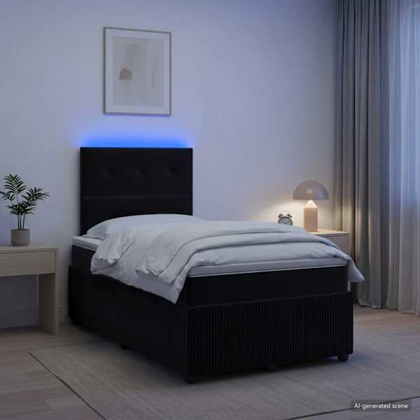 LED-valgustusega voodiraam peatsiga koos madratsiga, must, 120 × 190 cm, samet — mudel 3456031
