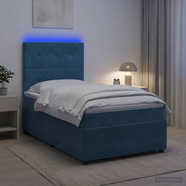 LED-valgustusega voodiraam peatsiga koos madratsiga, sinine, 120 × 190 cm, samet — mudel 3456033
