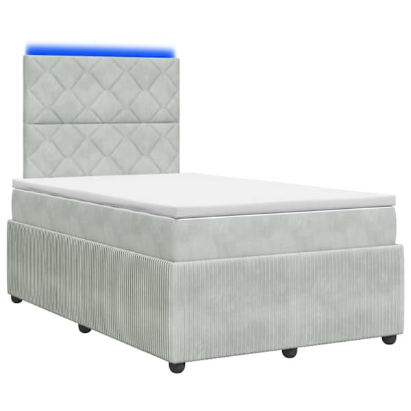 LED-valgustusega voodiraam peatsiga koos madratsiga, helehall, 120 × 190 cm, samet — mudel 3456035