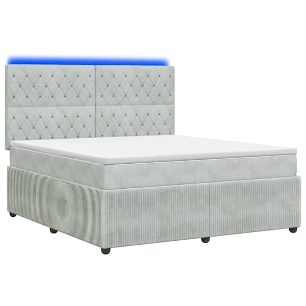 LED-valgustusega voodiraam peatsiga koos madratsiga, helehall, 140 × 190 cm, samet — mudel 3456059