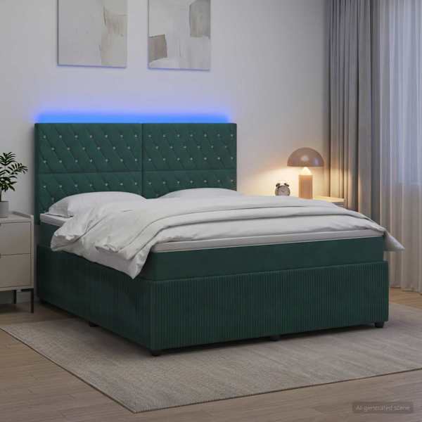 LED-valgustusega voodiraam peatsiga koos madratsiga, tumeroheline, 180 × 200 cm, samet — mudel 3456116