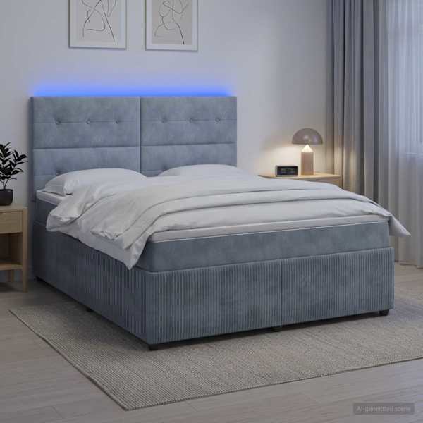 LED-valgustusega voodiraam peatsiga koos madratsiga, tumehall, 180 × 200 cm, samet — mudel 3456120