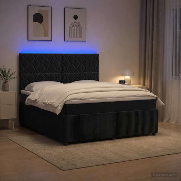 LED-valgustusega voodiraam peatsiga koos madratsiga, must, 180 × 200 cm, samet — mudel 3456127