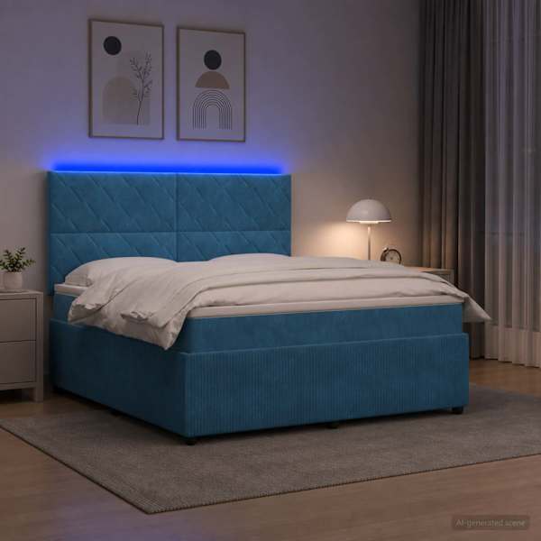 LED-valgustusega voodiraam peatsiga koos madratsiga, sinine, 180 × 200 cm, samet — mudel 3456129