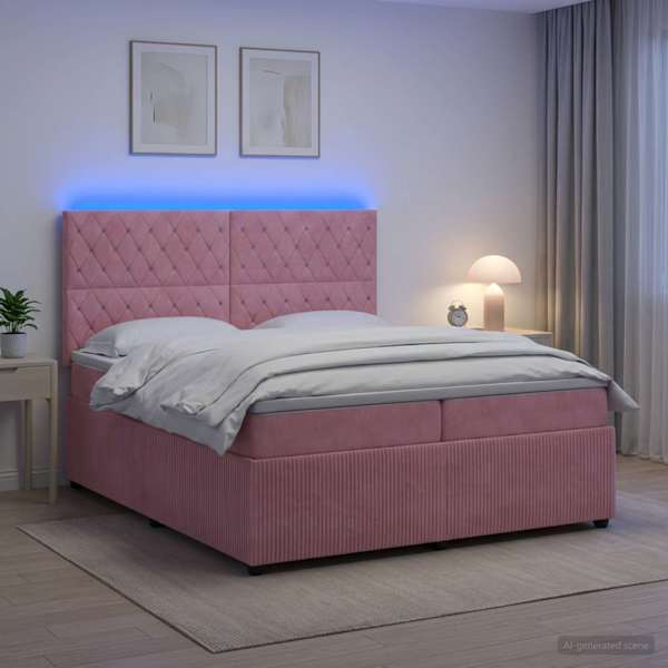 LED-valgustusega voodiraam peatsiga koos 2 madratsiga, roosa, 200 × 200 cm, samet — mudel 3456136