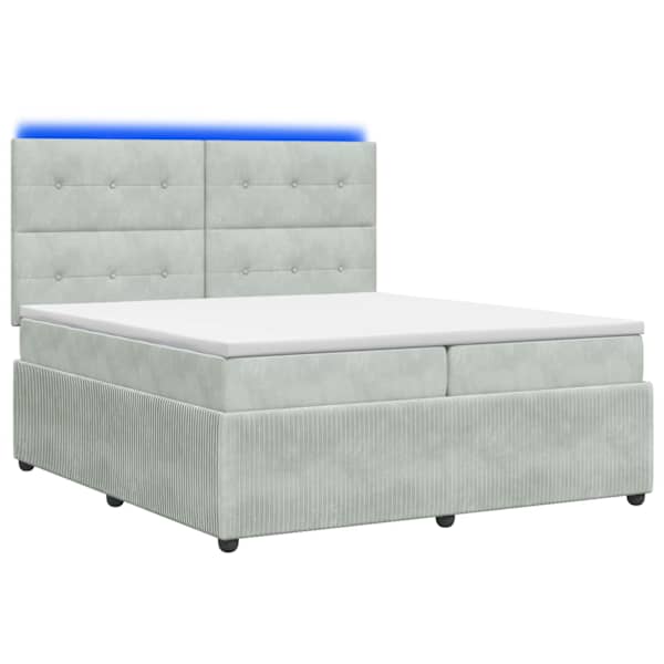 LED-valgustusega voodiraam peatsiga koos 2 madratsiga, helehall, 200 × 200 cm, samet — mudel 3456137
