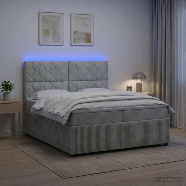 LED-valgustusega voodiraam peatsiga koos 2 madratsiga, helehall, 200 × 200 cm, samet — mudel 3456143