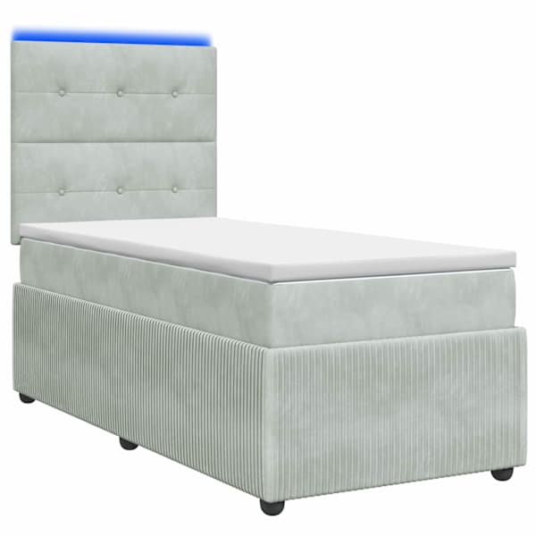 LED-valgustusega voodiraam peatsiga koos madratsiga, helehall, 90 × 190 cm, samet — mudel 3456173