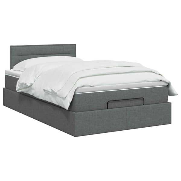 Voodiraam peatsiga koos madratsiga, tumehall, 120 × 190 cm, kangas — mudel 3456227