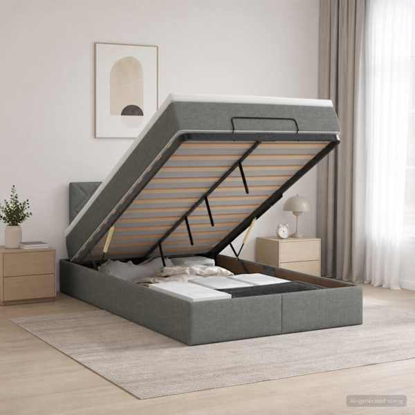 Voodiraam peatsiga koos madratsiga, tumehall, 120 × 190 cm, kangas — mudel 3456393