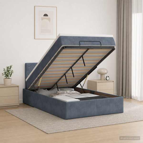 Voodiraam peatsiga koos madratsiga, tumehall, 120 × 190 cm, samet — mudel 3456472