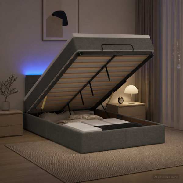 LED-valgustusega voodiraam peatsiga koos madratsiga, tumehall, 120 × 190 cm — mudel 3456809