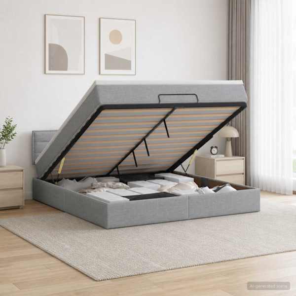 LED-valgustusega voodiraam peatsiga koos madratsiga, helehall, 180 × 200 cm — mudel 3456843