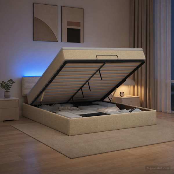 LED-valgustusega voodiraam peatsiga koos madratsiga, kreemjasvalge, 180 × 200 cm — mudel 3456848