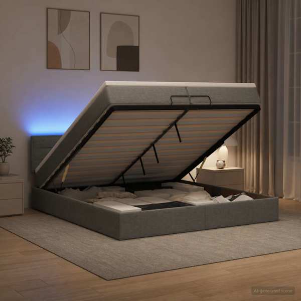 LED-valgustusega voodiraam peatsiga koos madratsiga, tumehall, 200 × 200 cm — mudel 3456851