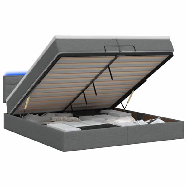 LED-valgustusega voodiraam peatsiga koos madratsiga, tumehall, 200 × 200 cm — mudel 3456851