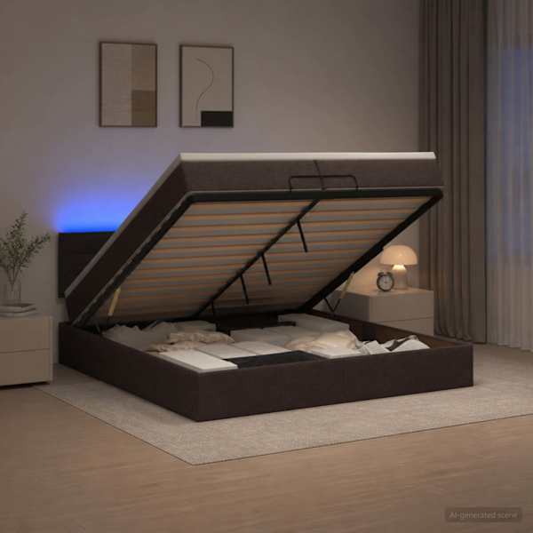 LED-valgustusega voodiraam peatsiga koos madratsiga, tumepruun, 200 × 200 cm — mudel 3456853