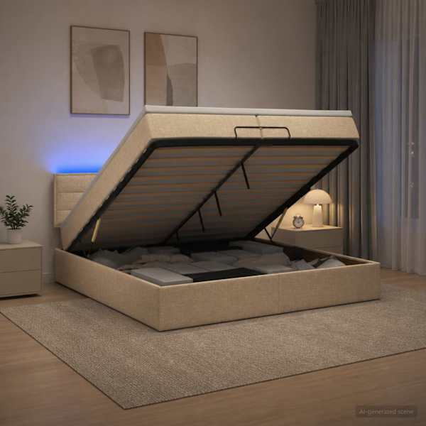 LED-valgustusega voodiraam peatsiga koos madratsiga, kreemjasvalge, 200 × 200 cm — mudel 3456855