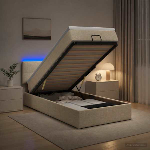 LED-valgustusega voodiraam peatsiga koos madratsiga, kreemjasvalge, 80 × 200 cm — mudel 3456868
