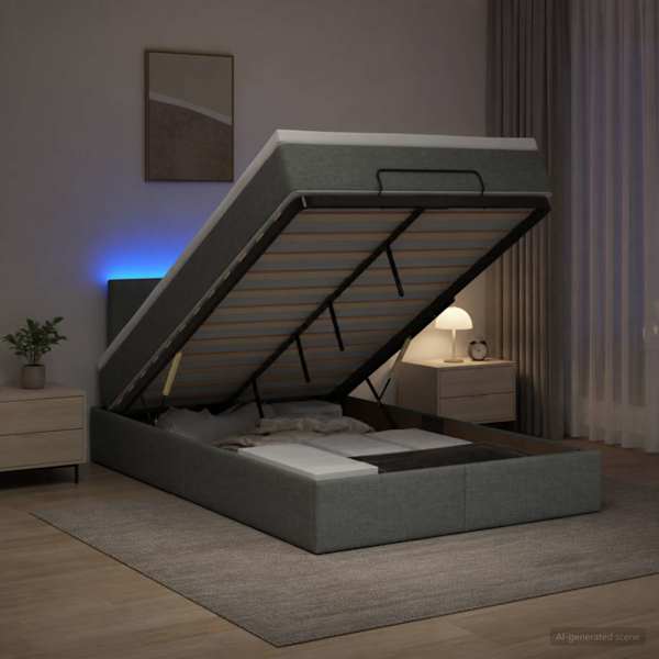 LED-valgustusega voodiraam peatsiga koos madratsiga, tumehall, 120 × 190 cm — mudel 3456892