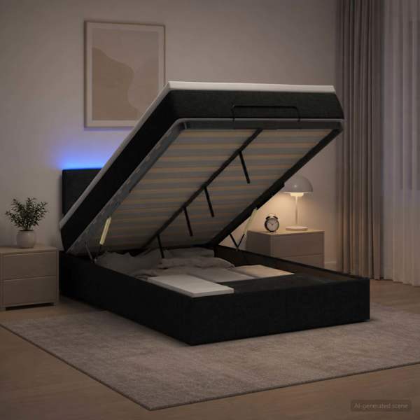 LED-valgustusega voodiraam peatsiga koos madratsiga, must, 120 × 190 cm, kangas — mudel 3456893