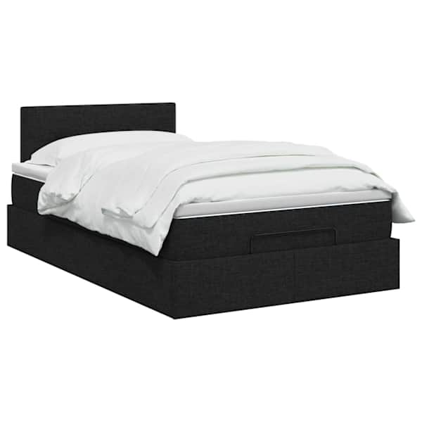 LED-valgustusega voodiraam peatsiga koos madratsiga, must, 120 × 190 cm, kangas — mudel 3456893